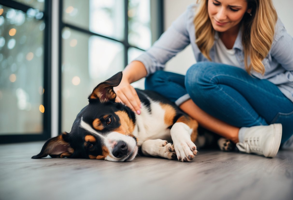 Un chien couché avec une expression de douleur, favorisant certains membres, et étant réconforté par son propriétaire.
