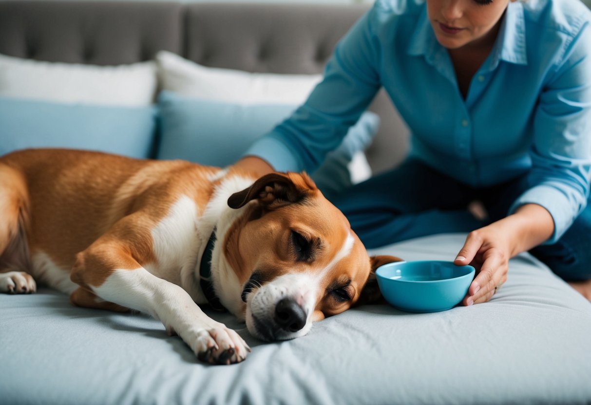 Un chien fatigué allongé sur un lit doux, avec un propriétaire inquiet vérifiant doucement ses membres et lui offrant un bol d'eau