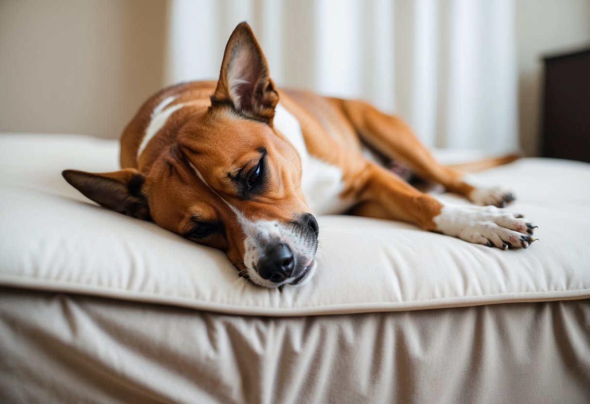 Un chien couché sur un lit doux, ayant l'air mal à l'aise, avec une expression de douleur sur son visage. Ses muscles semblent tendus et raides, et il évite de trop bouger.