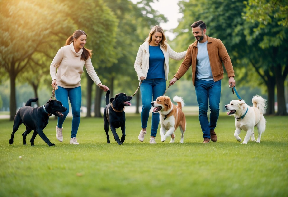 Une scène de parc sereine avec des chiens non-baveux de différentes races jouant et interagissant avec leurs propriétaires.