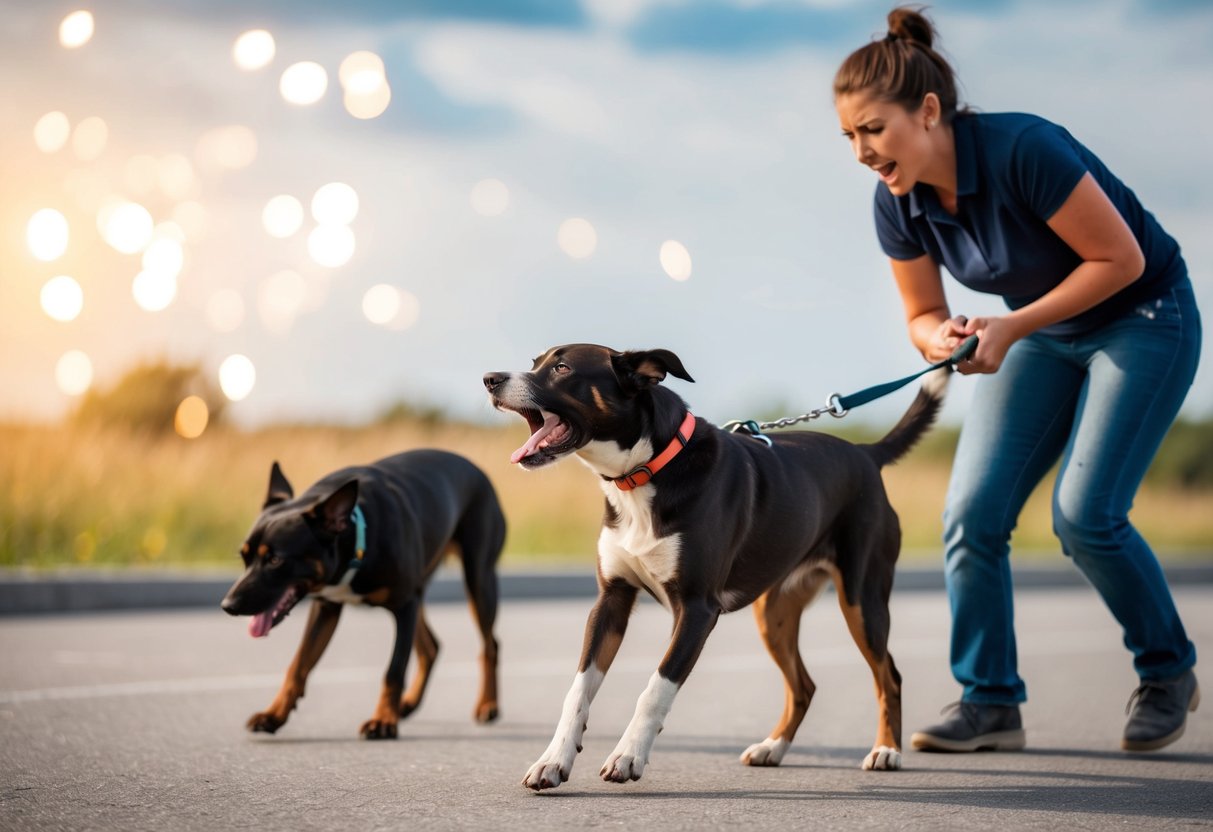 Un chien qui aboie et tire sur sa laisse pendant qu'un autre chien s'approche, avec un propriétaire frustré essayant de contrôler la situation.