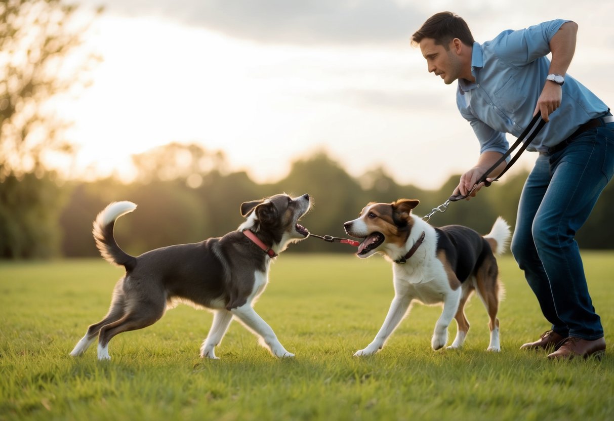 Un chien aboyant et tirant sur sa laisse vers un autre chien, tandis que le propriétaire lutte pour le contrôler.