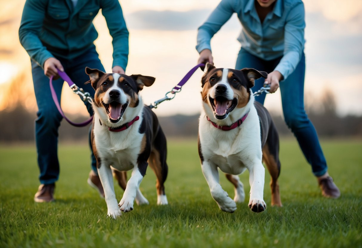 Deux chiens aboyant et tirant sur leurs laisses, leurs propriétaires luttant pour les garder séparés. Une scène chaotique d'agitation canine.