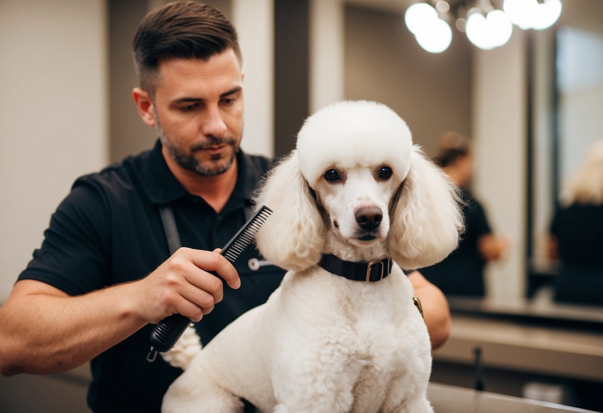 Un toiletteur taille soigneusement un poodle blanc duveteux avec des outils professionnels et précision.