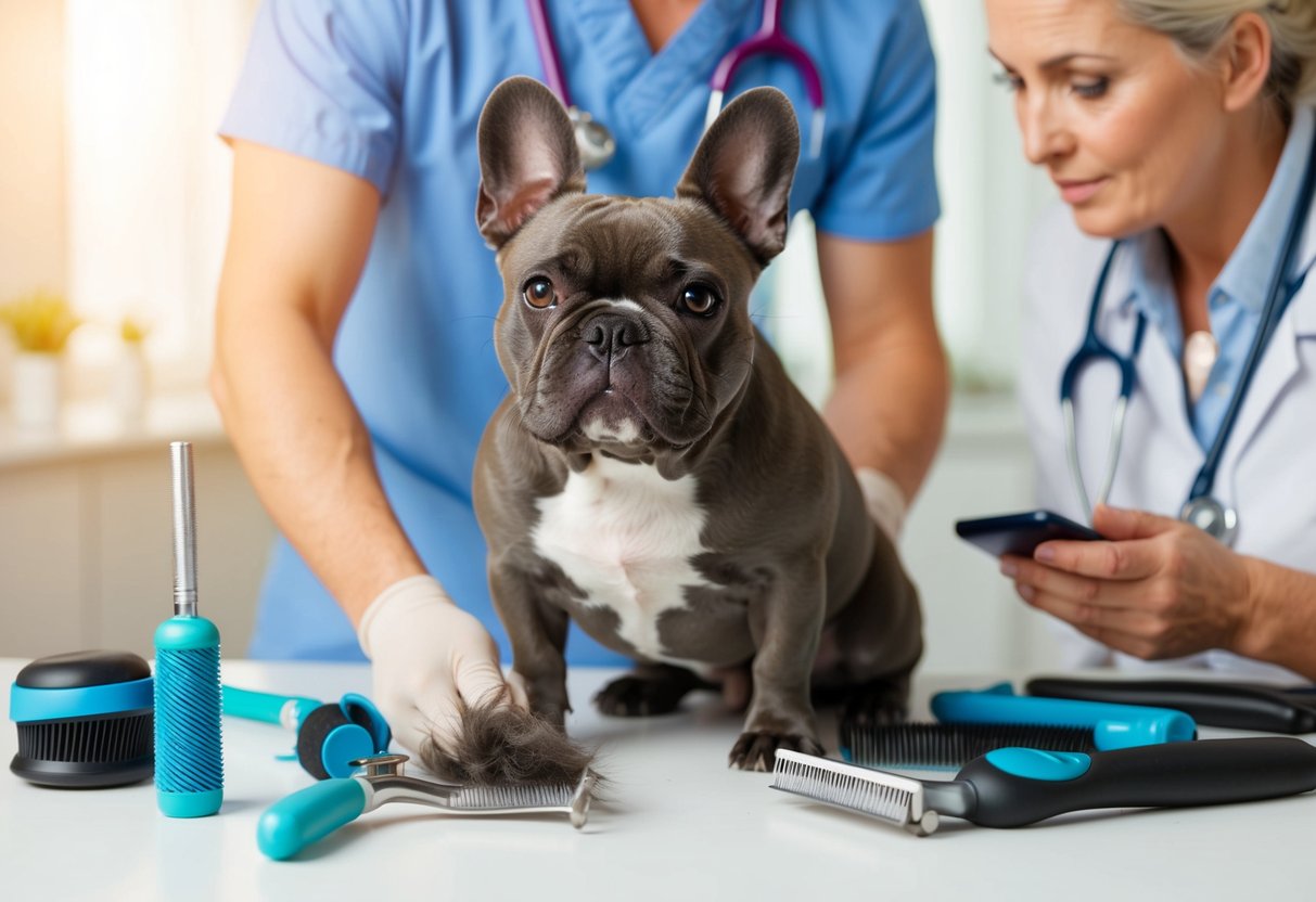 Un Bulldog Français perdant ses poils, entouré d'outils de toilettage pour animaux et d'un propriétaire inquiet cherchant des conseils médicaux.