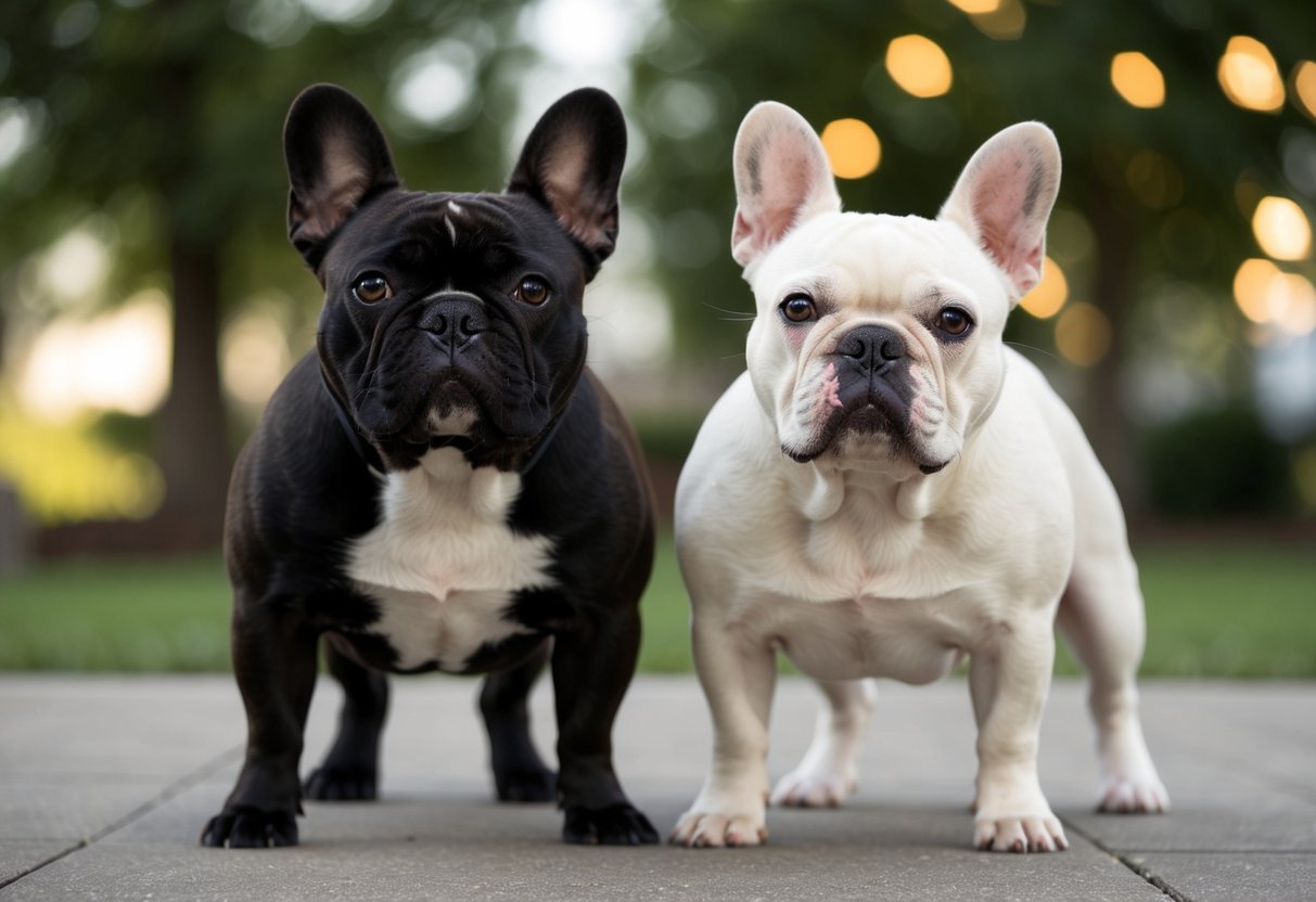 Un bulldog français mâle et femelle se tiennent côte à côte, mettant en valeur leurs différences de taille, de constitution et de traits faciaux.