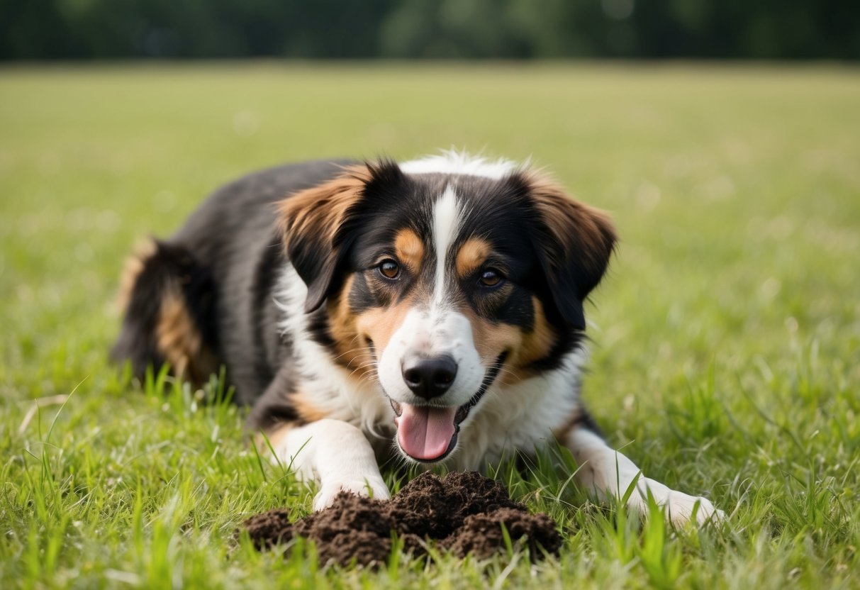 Un chien se roulant dans des excréments dans un champ herbeux, avec une expression de contentement sur le visage.