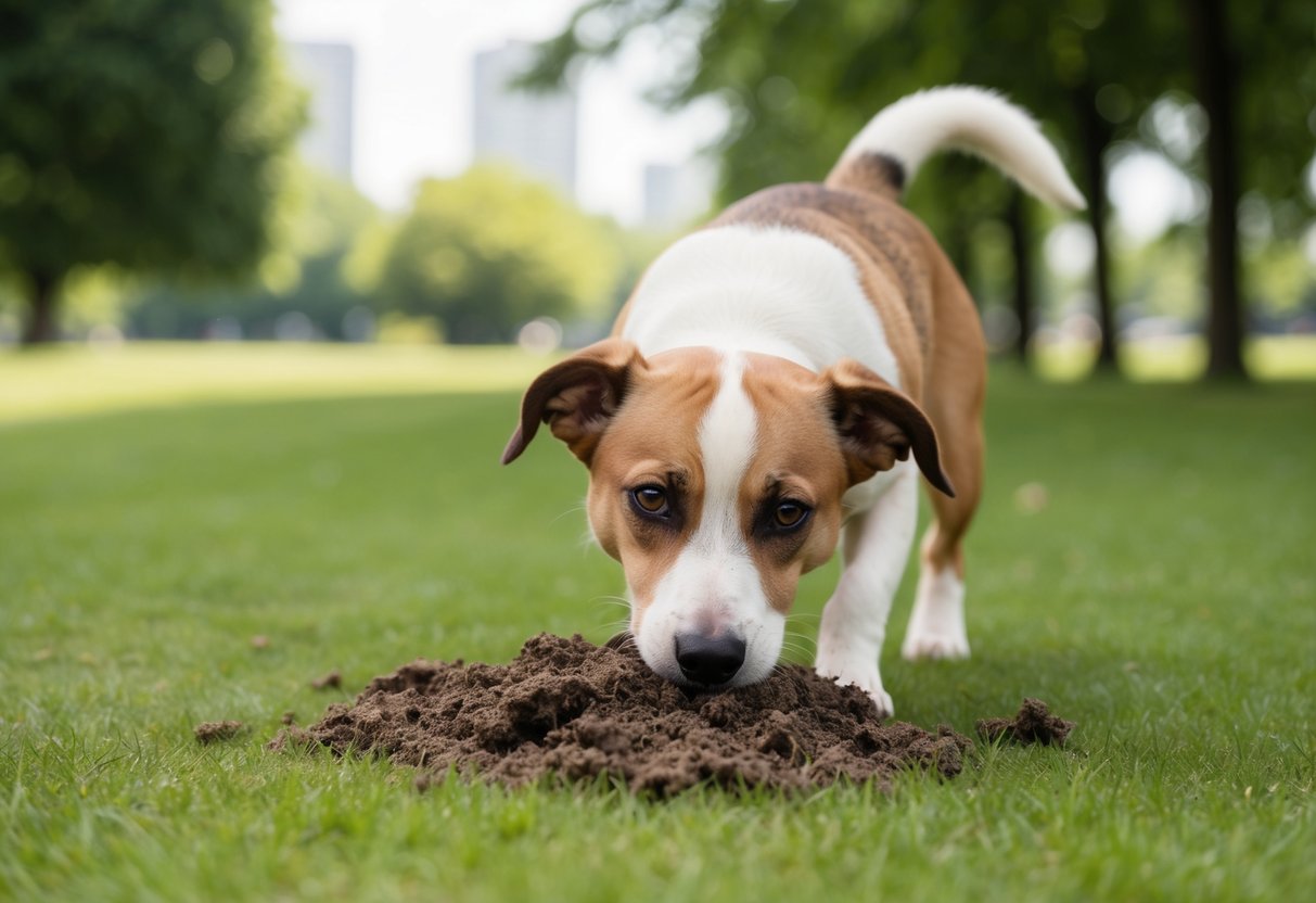 Un chien qui renifle et roule dans des excréments dans un parc, avec une expression curieuse sur son visage.