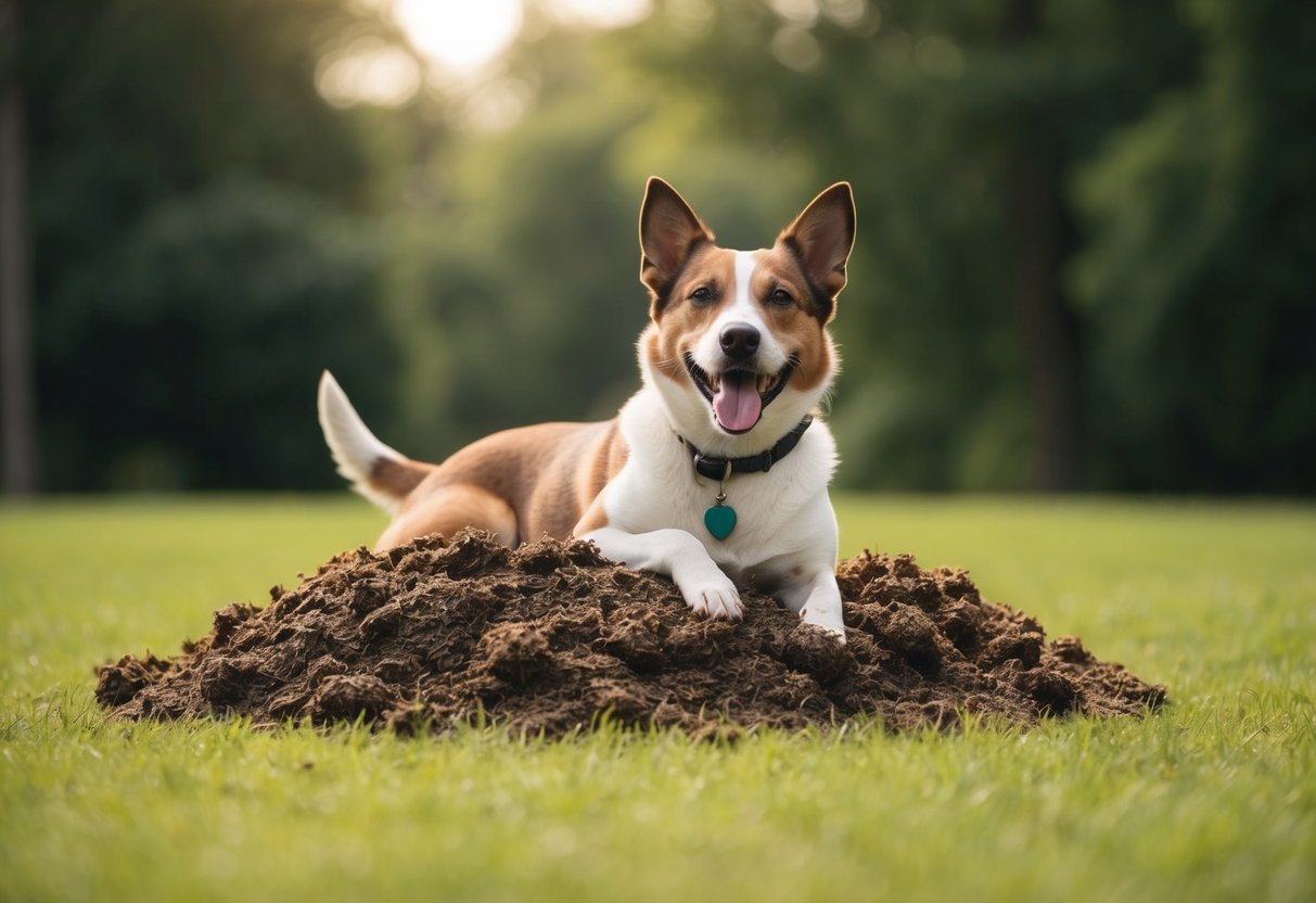 Un chien se roulant joyeusement dans un tas de fèces, avec un air de contentement sur son visage.