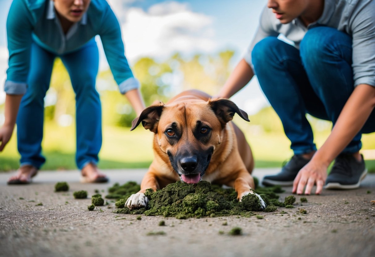 Un chien se roulant dans des excréments, avec un propriétaire inquiet qui regarde. Le langage corporel du chien et la réaction du propriétaire transmettent de la frustration et de la confusion.