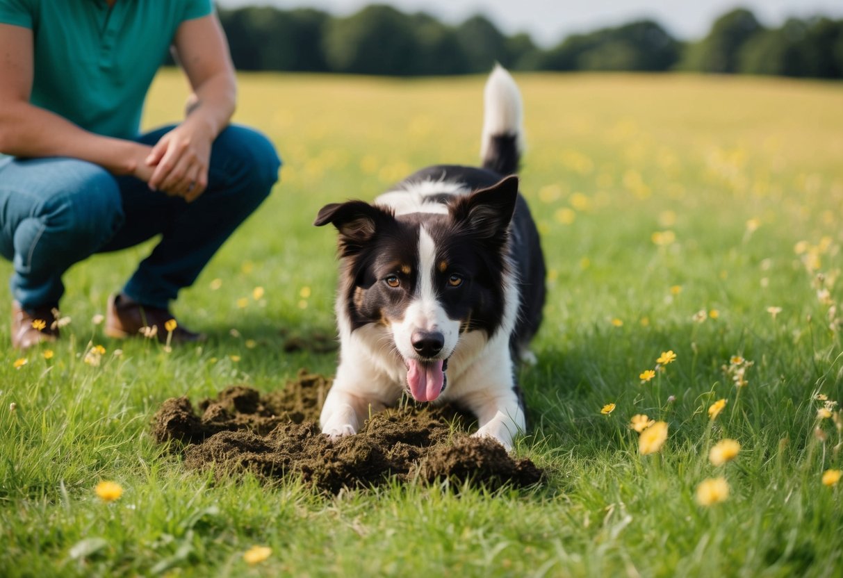 Un chien qui se roule dans des excréments dans un champ herbeux, avec un propriétaire inquiet qui regarde.