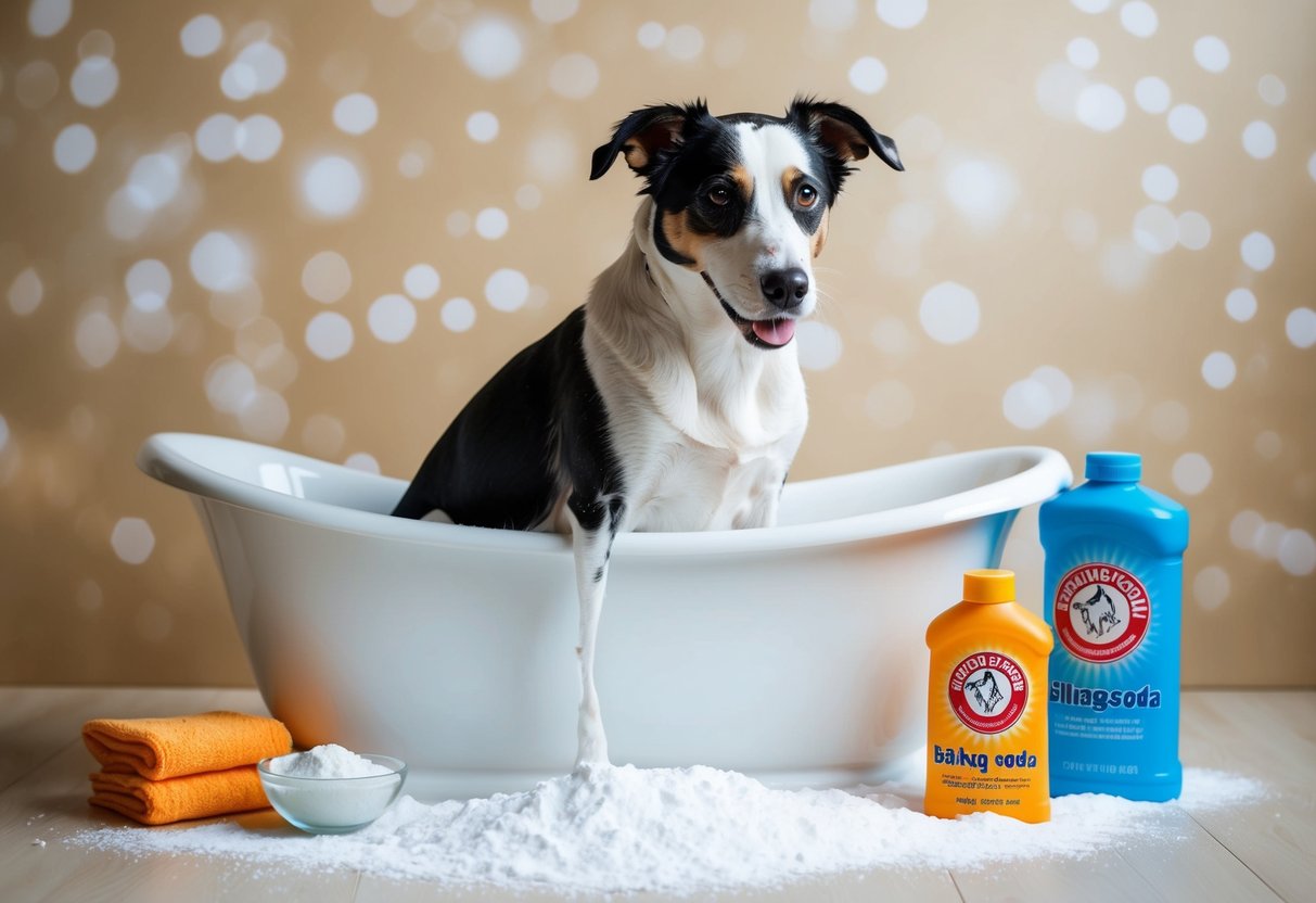 Un chien en train d'être baigné avec du bicarbonate de soude dans une baignoire, entouré de bouteilles de bicarbonate de soude et d'une atmosphère douce et apaisante