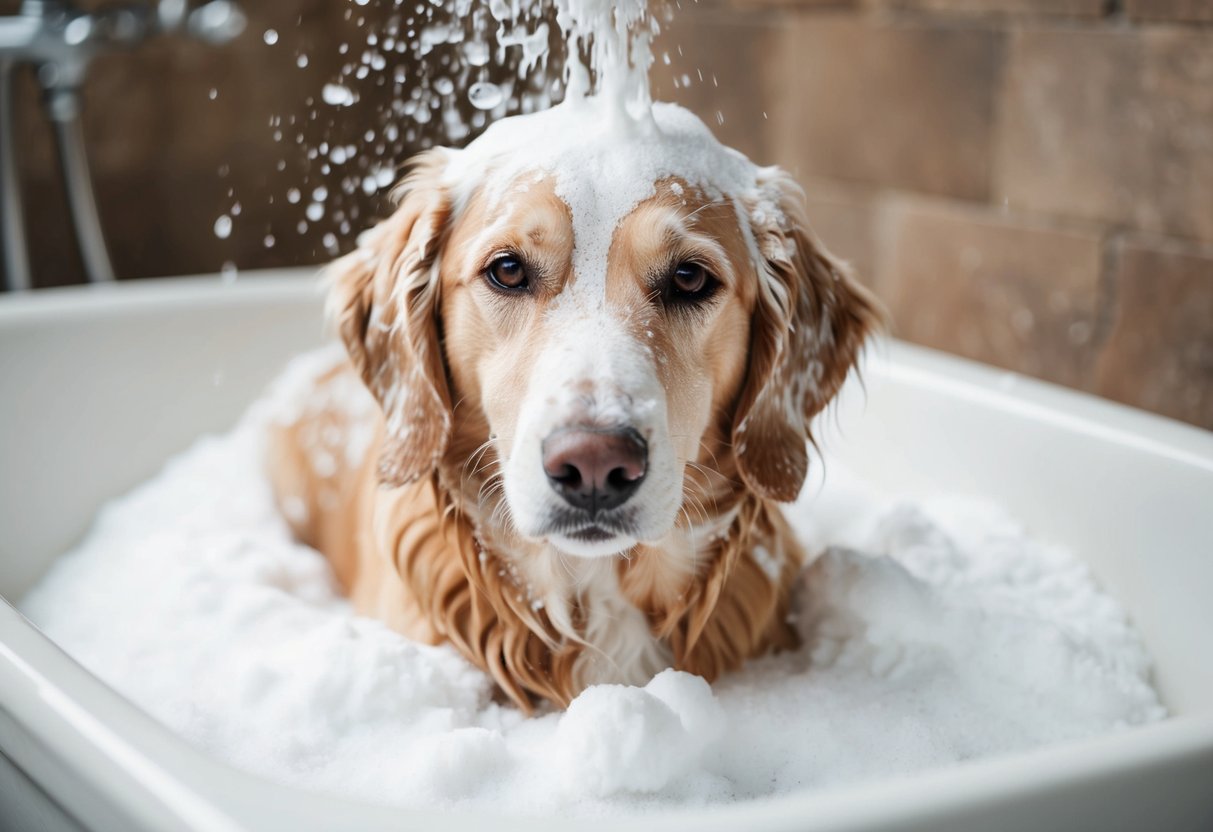 Un chien se faisant baigner avec du bicarbonate de soude, entouré d'une mousse douce. Le chien a l'air détendu et content alors que le bicarbonate de soude agit pour nettoyer son pelage.