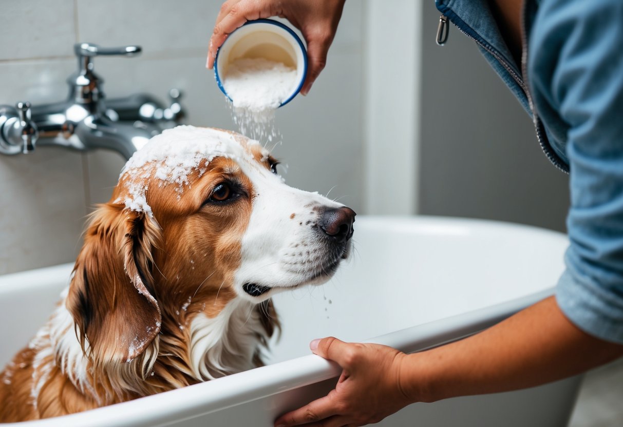 Un chien étant lavé avec du bicarbonate de soude, avec une personne versant la poudre sur le pelage du chien et la massant doucement avant de rincer à l'eau.