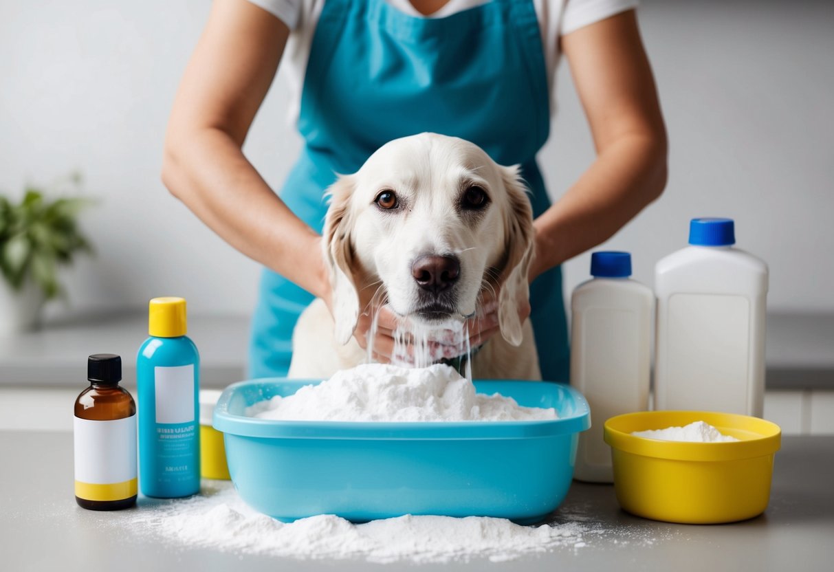Un chien en train d'être lavé avec du bicarbonate de soude, entouré de bouteilles et de contenants de produits de soins pour animaux.