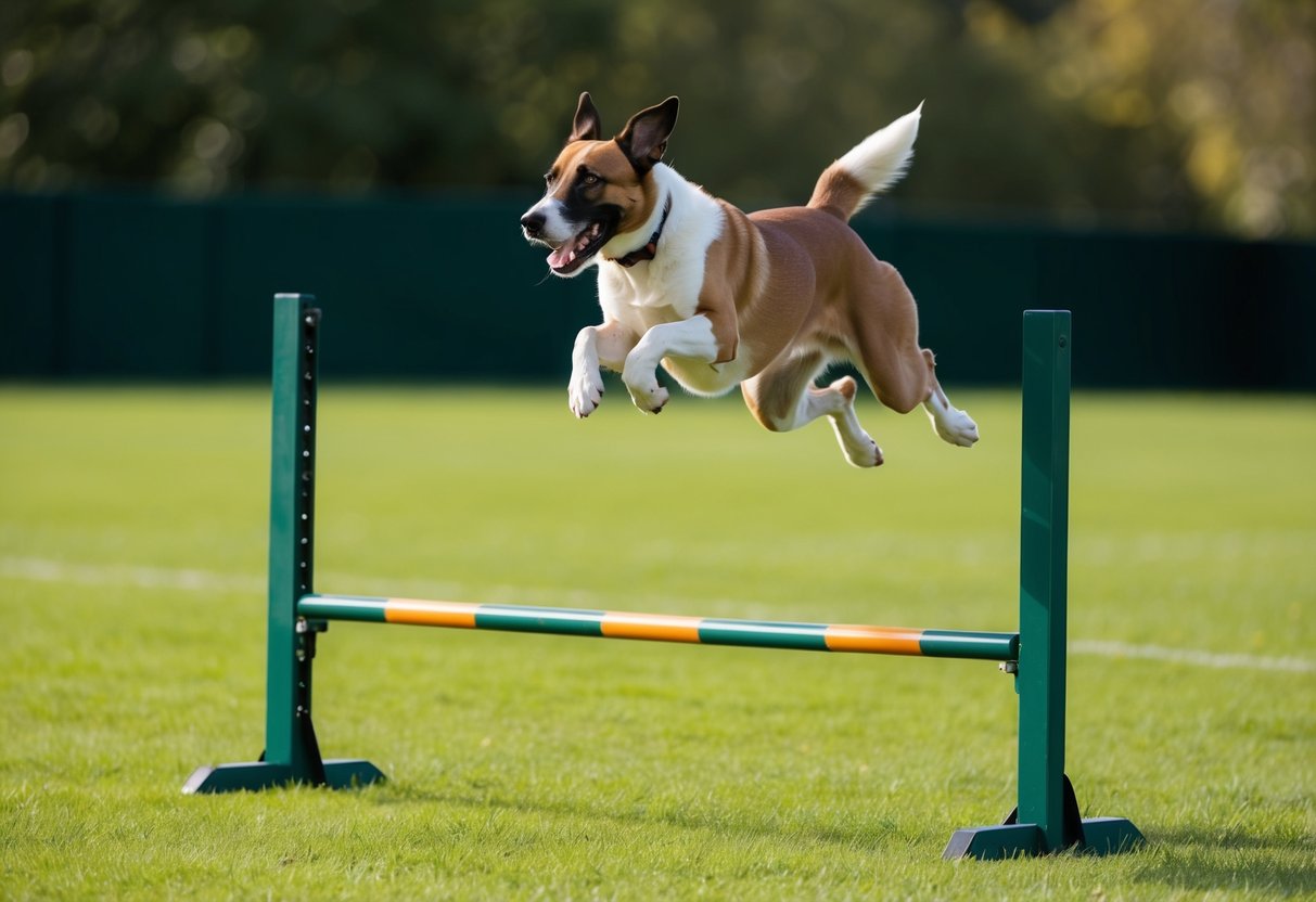 Un chien sautant par-dessus un obstacle dans un champ d'entraînement, démontrant sa capacité à sauter