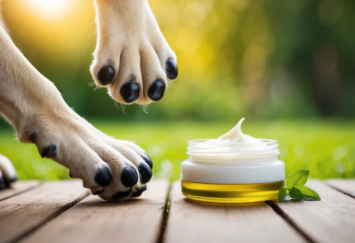 Les coussinets des pattes d'un chien étant hydratés avec des huiles et des crèmes naturelles dans un cadre extérieur paisible.