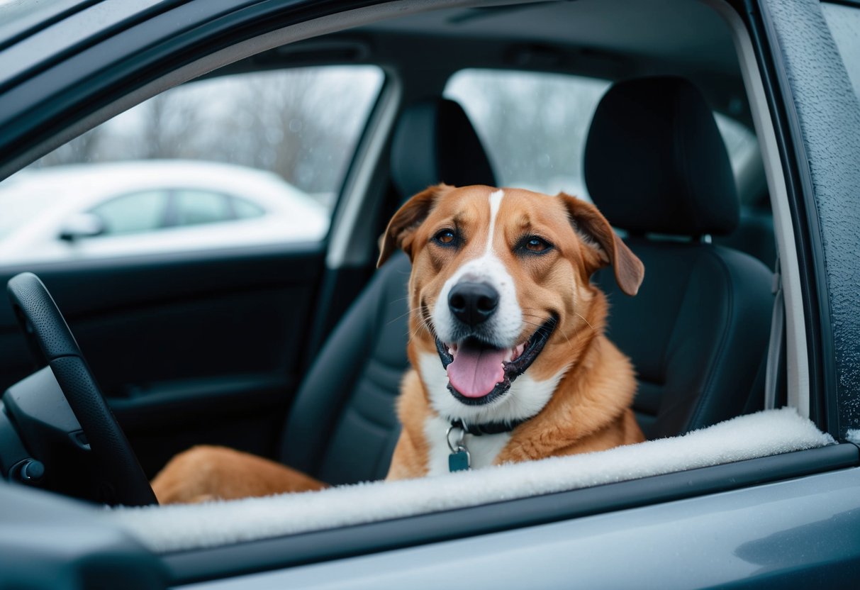Un chien baveux est assis dans une voiture, haletant fortement. Les fenêtres sont embuées, et le chien a l'air anxieux.