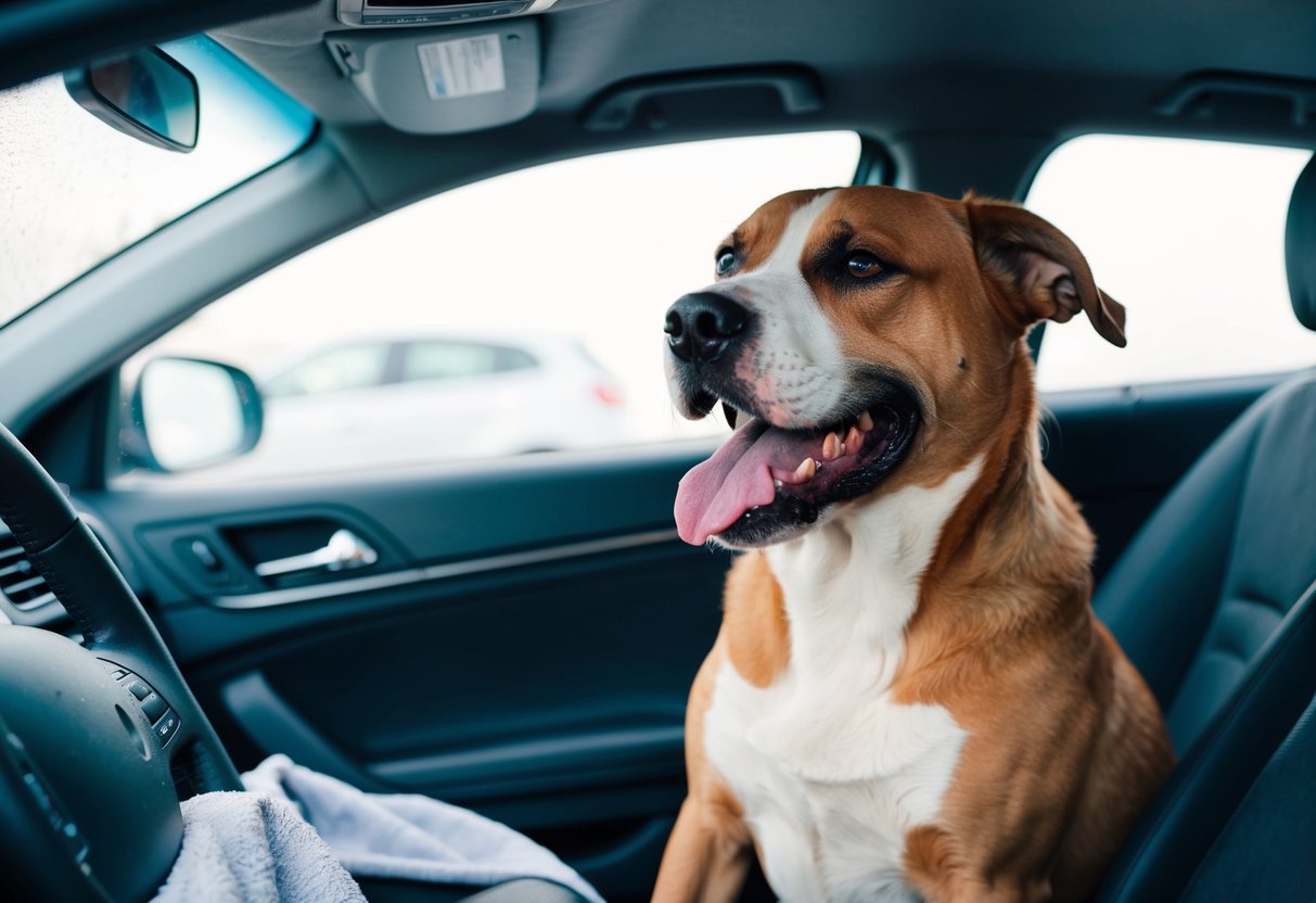 Un chien qui bave excessivement est assis dans une voiture, haletant et ayant l'air agité. Les fenêtres sont embuées et le propriétaire tient une serviette.