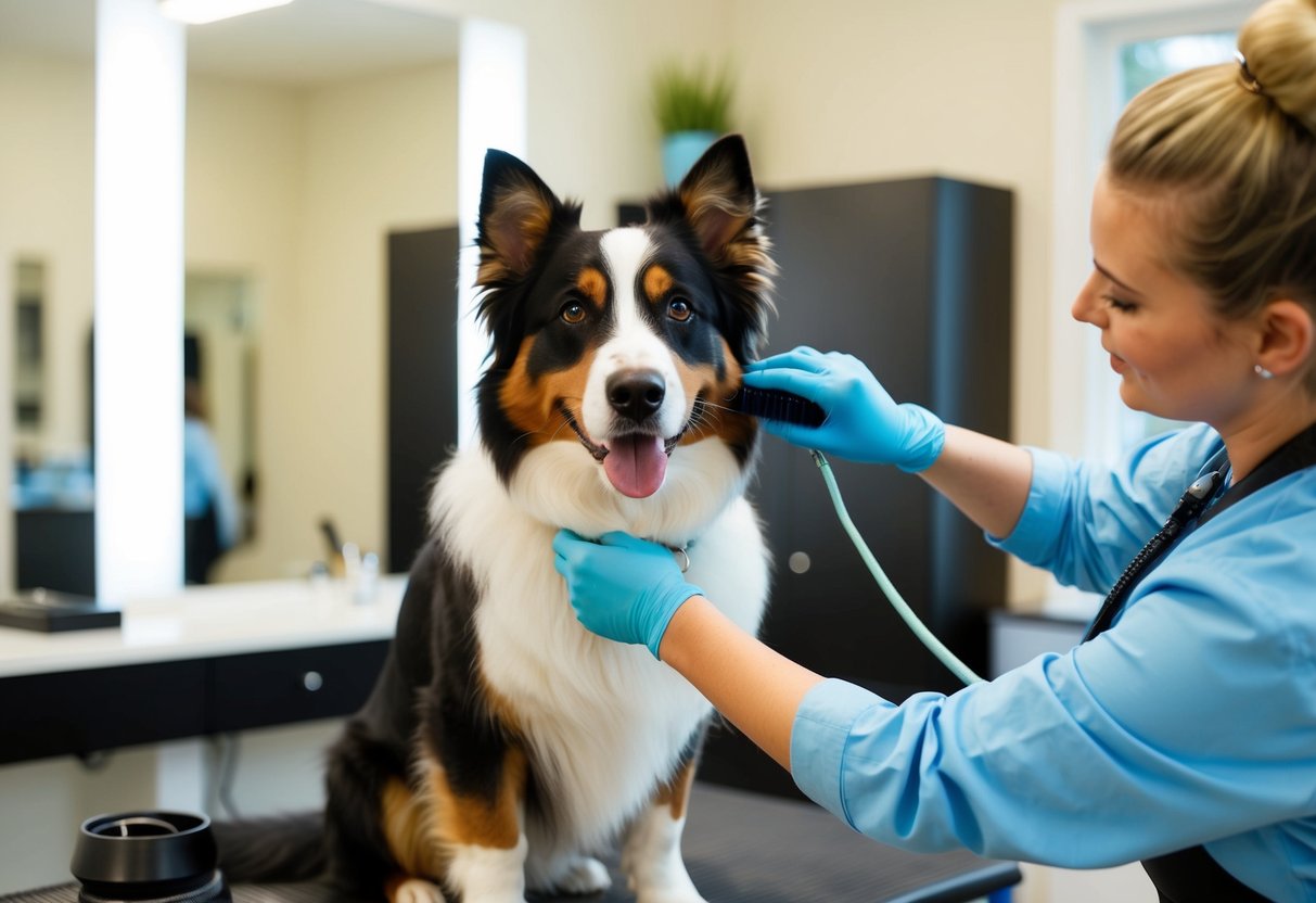 Une scène d'un Australian Shepherd bien toiletté étant brossé et taillé par un toiletteur professionnel dans un salon de toilettage propre et bien éclairé.