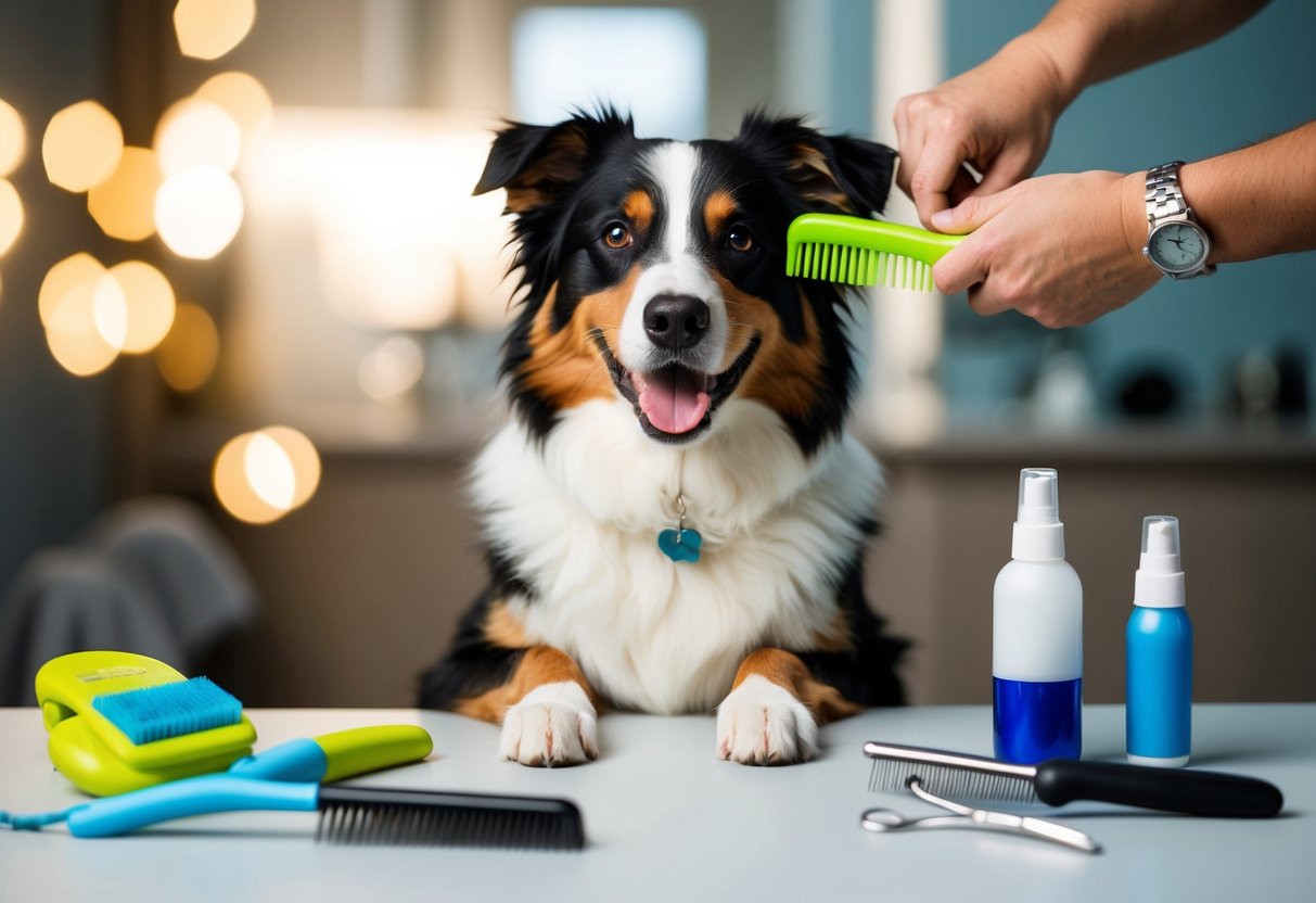 Un Australian Shepherd heureux en train d'être toiletté avec une brosse et un peigne, entouré d'outils et de produits de toilettage.