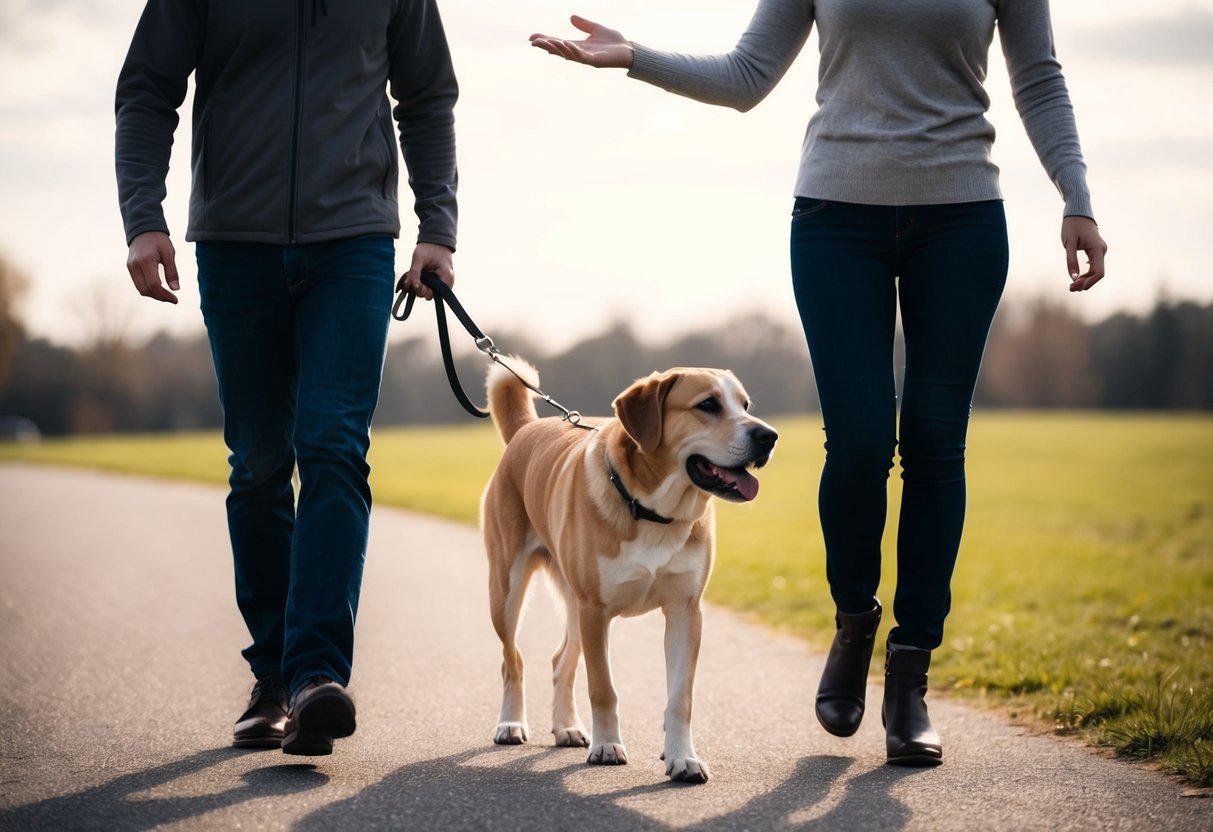 Un homme et une femme marchent côte à côte, la femme tenant la laisse d'un grand chien obéissant. L'homme fait un geste vers le chien, indiquant qu'il est sous son contrôle.