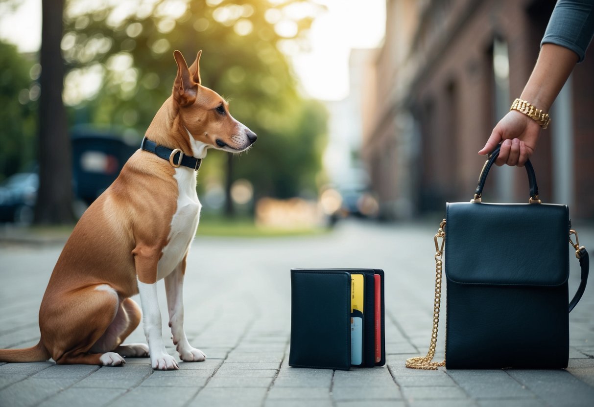 Un chien assis à côté du portefeuille d'un homme et du sac à main d'une femme, regardant d'un côté à l'autre entre eux.
