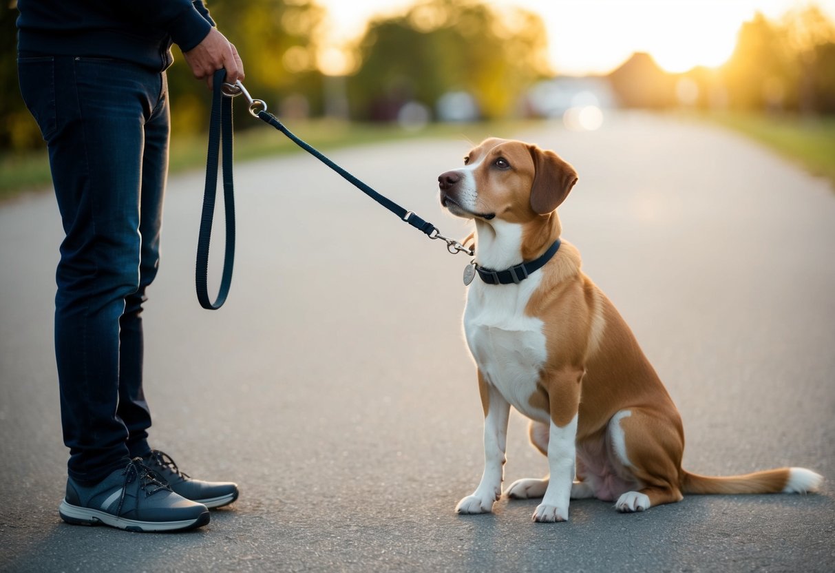 Un chien assis attentivement à côté d'une personne tenant une laisse, le regardant avec un sentiment de confiance et de loyauté.