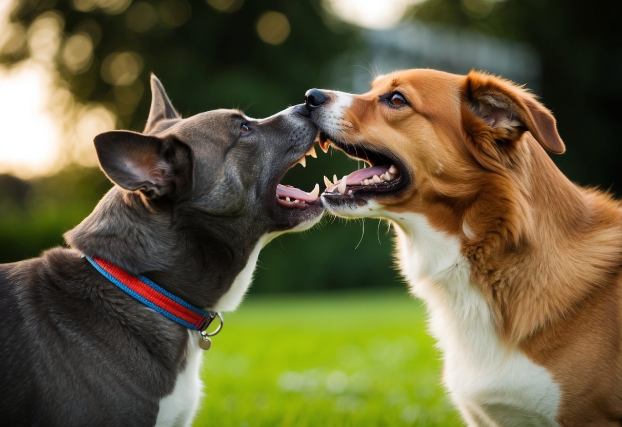 Un chien mordant le cou d'un autre chien pendant le jeu, montrant les dents et les poils hérissés.