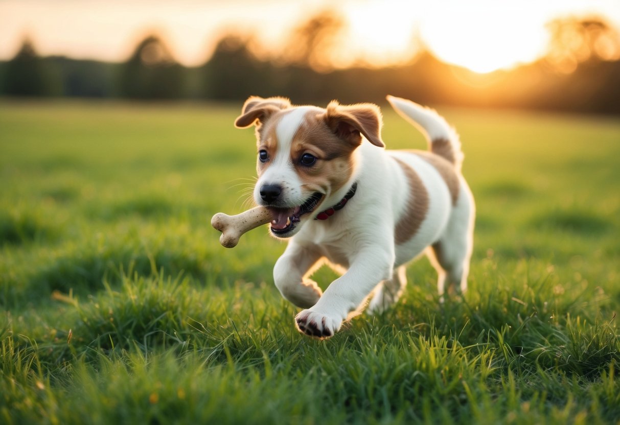 Un chiot joueur courant à travers un champ herbeux, avec un petit os dans la bouche. Le soleil se couche, projetant une lueur chaleureuse sur la scène.