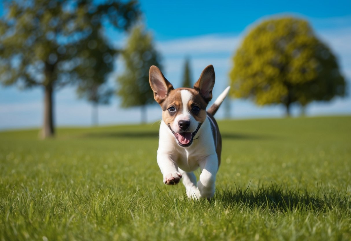 Un chiot espiègle courant à travers un champ herbeux, avec un mélange d'arbres petits et grands en arrière-plan, sous un ciel bleu éclatant.
