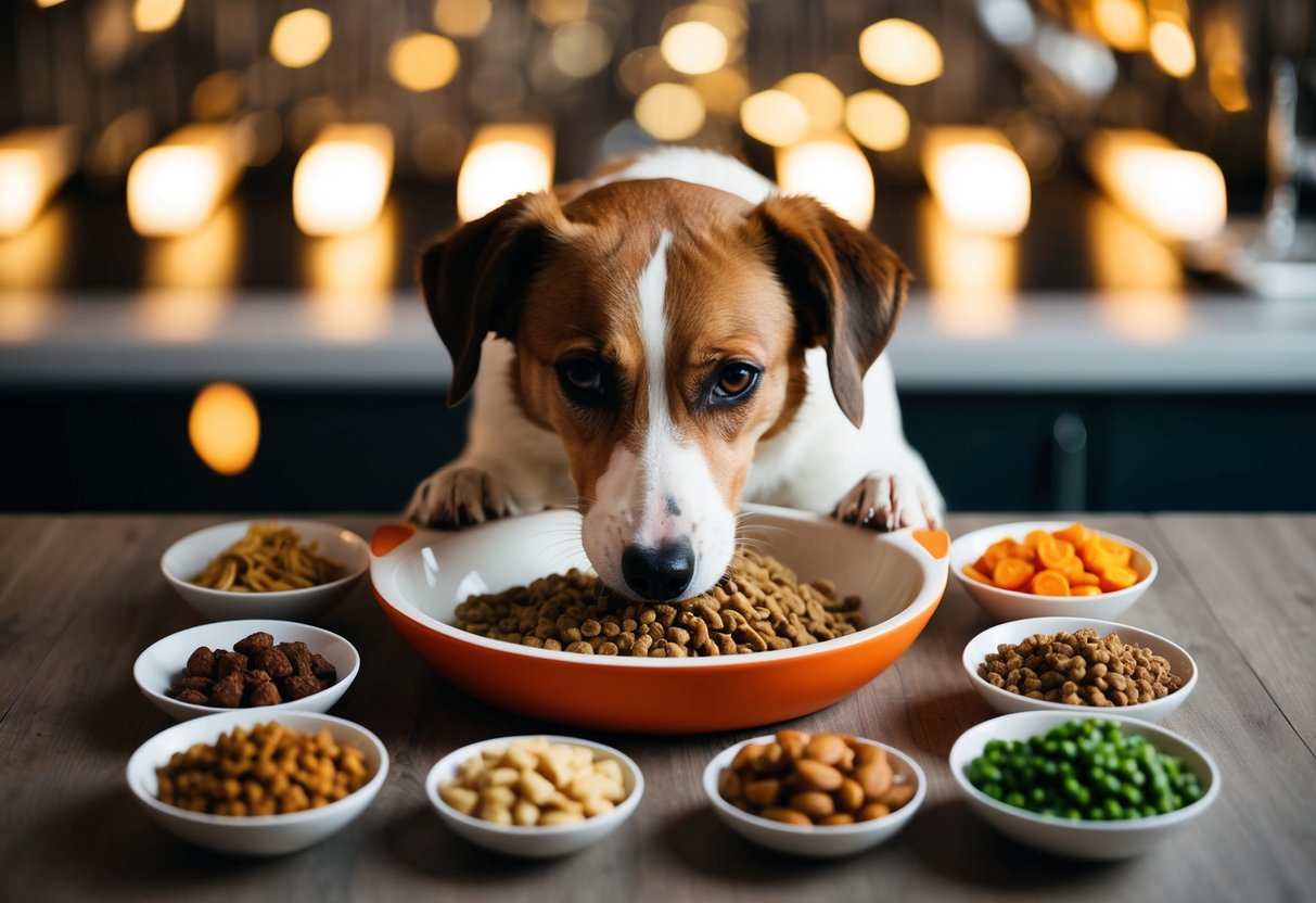 Un chien mangeant dans un bol en forme de main, entouré de diverses options alimentaires