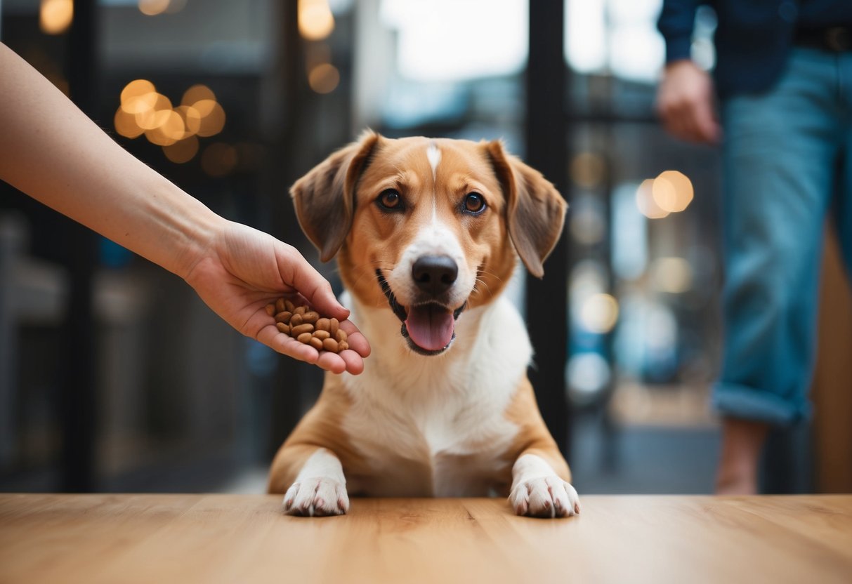 Un chien assis devant une main, attendant avec impatience d'être nourri.