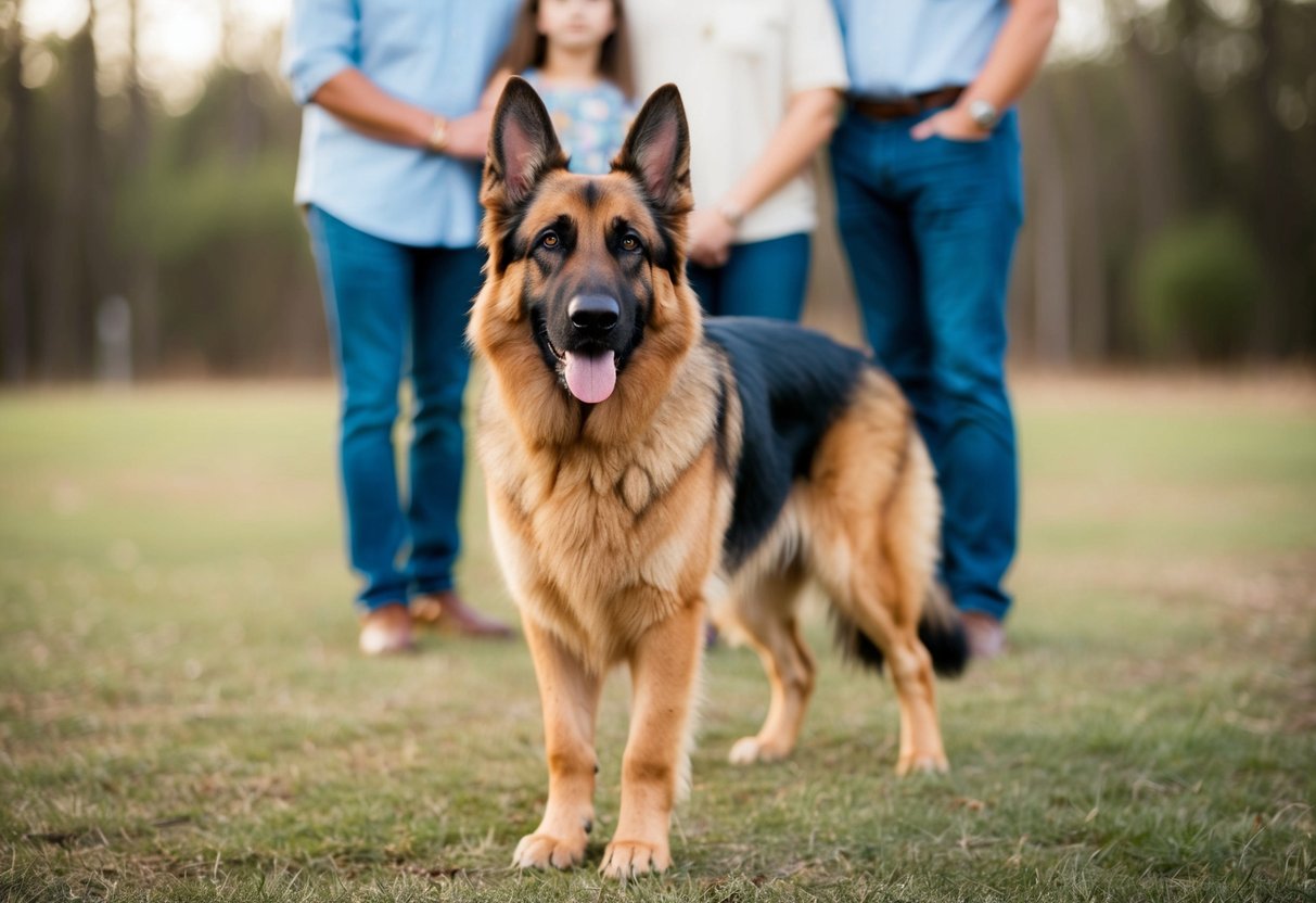 Un berger allemand à poil long se tenant alerte, les oreilles dressées et le regard vigilant, positionné de manière protectrice devant une famille.