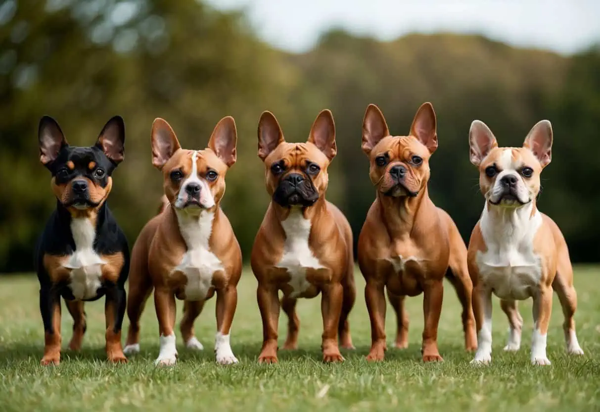 Un groupe de petits chiens musclés de différentes races se tenant côte à côte, mettant en valeur leurs caractéristiques physiques et leurs traits uniques.