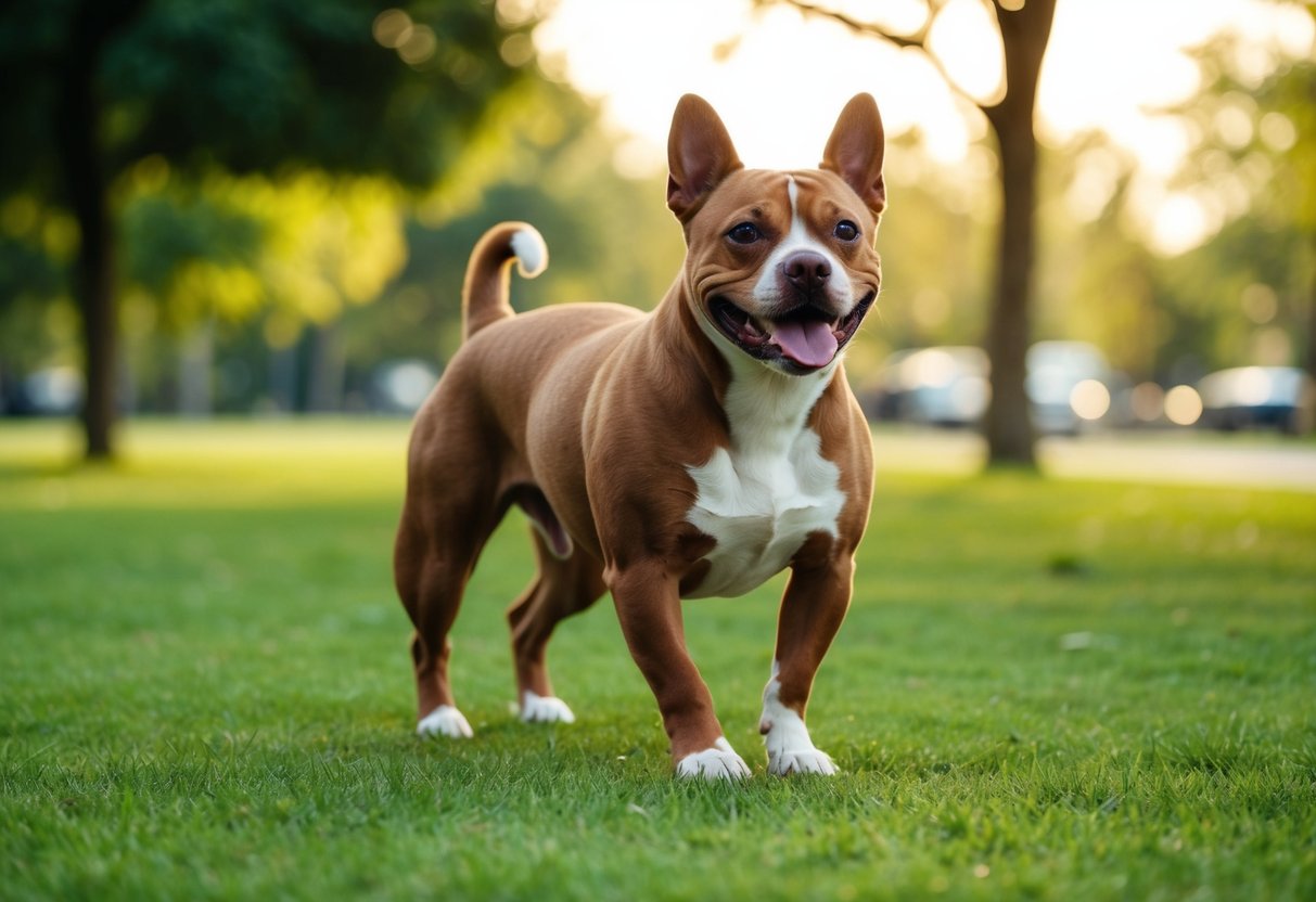 Un petit chien de race musclée faisant de l'exercice dans un parc, avec un pelage brillant et une expression heureuse.
