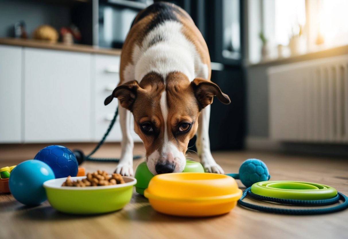 Un chien se léchant l'arrière-train avec une expression préoccupée, entouré de divers objets tels que des jouets, de la nourriture et une laisse