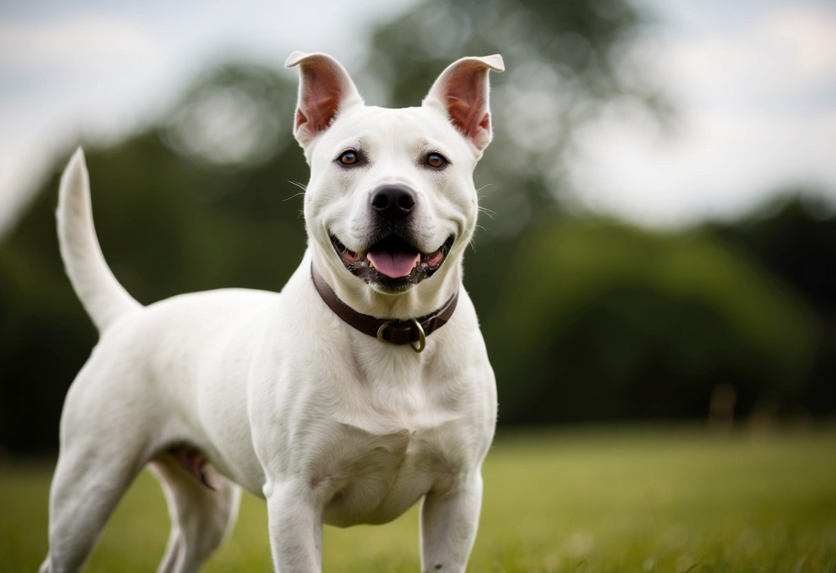 Un Staffie blanc se tient fièrement, avec une construction solide et musclée. Son expression alerte et confiante dégage un tempérament amical et loyal.