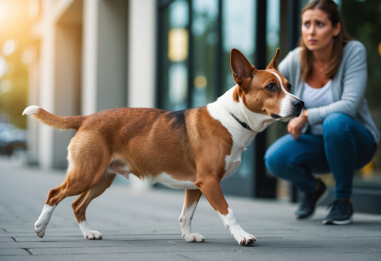 Un chien marchant de manière inhabituelle, de côté, avec une expression perplexe sur son visage, tandis que son propriétaire le regarde avec une expression préoccupée.