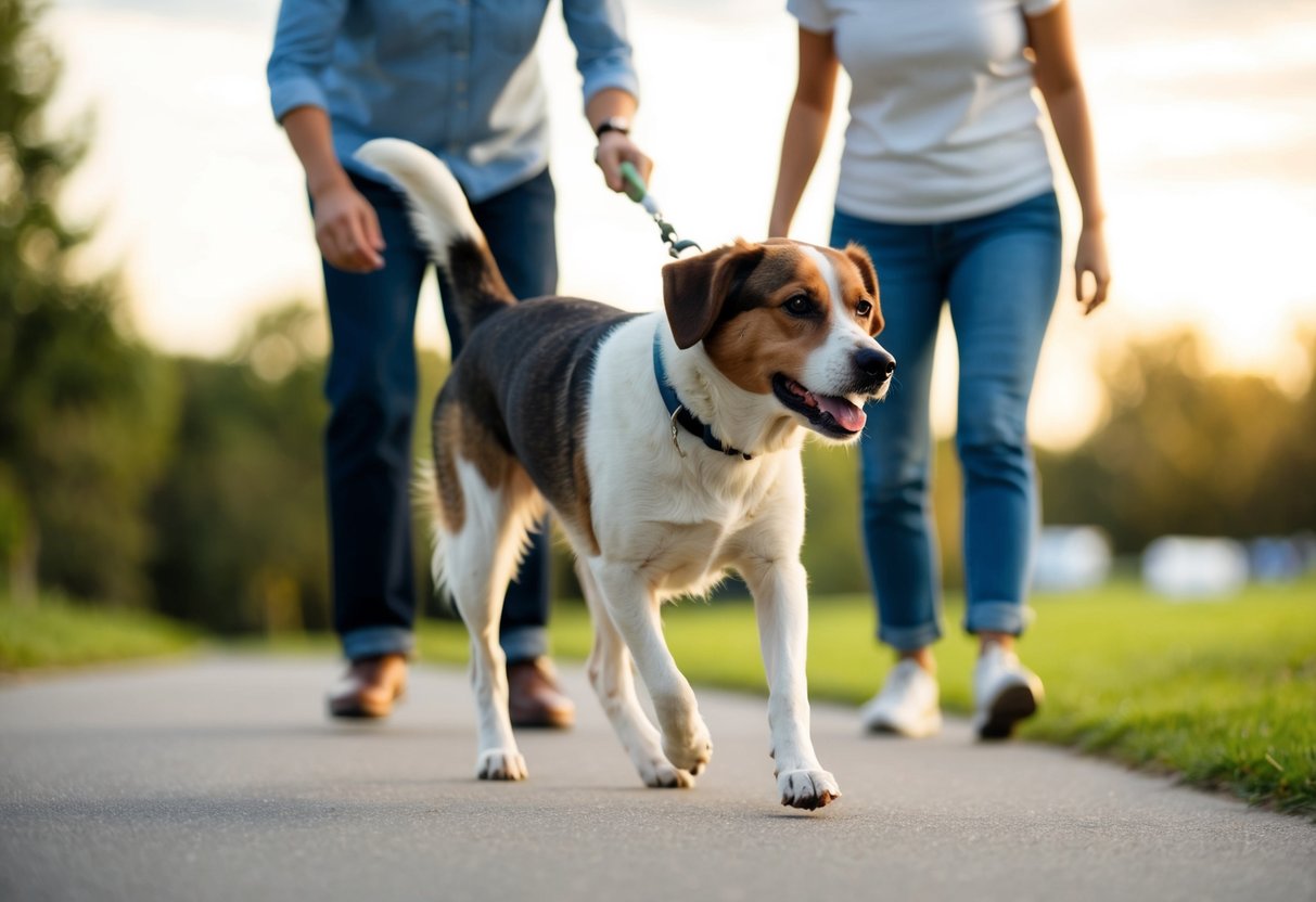 Un chien marchant avec une démarche inclinée ou instable, avec un propriétaire inquiet qui regarde.