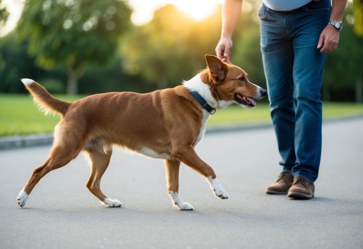 Un chien marchant avec une démarche inclinée ou instable, se trébuchant peut-être ou déviant d'un côté, avec un propriétaire inquiet qui regarde.