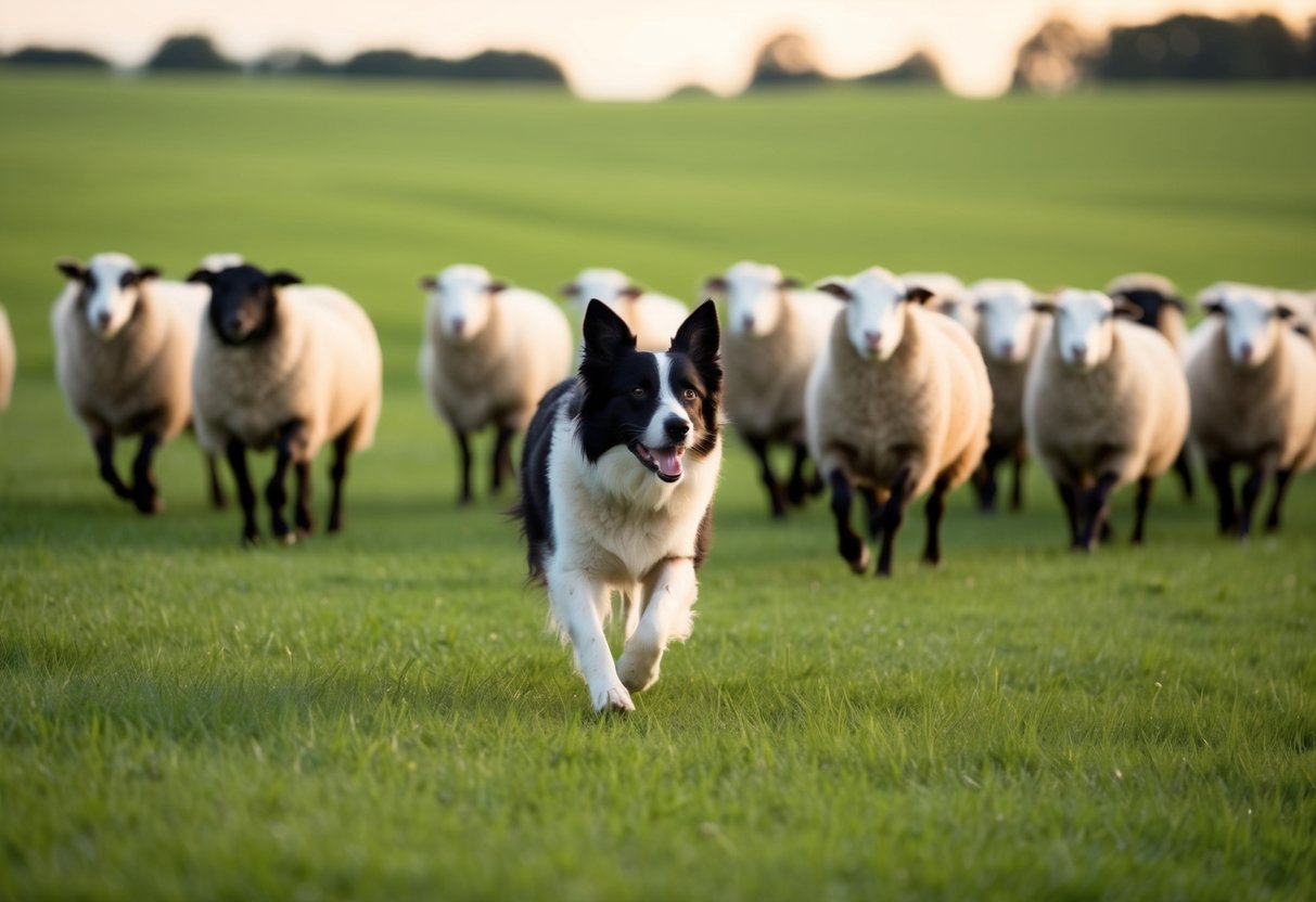 Un Border Collie rassemblant des moutons dans un champ verdoyant.