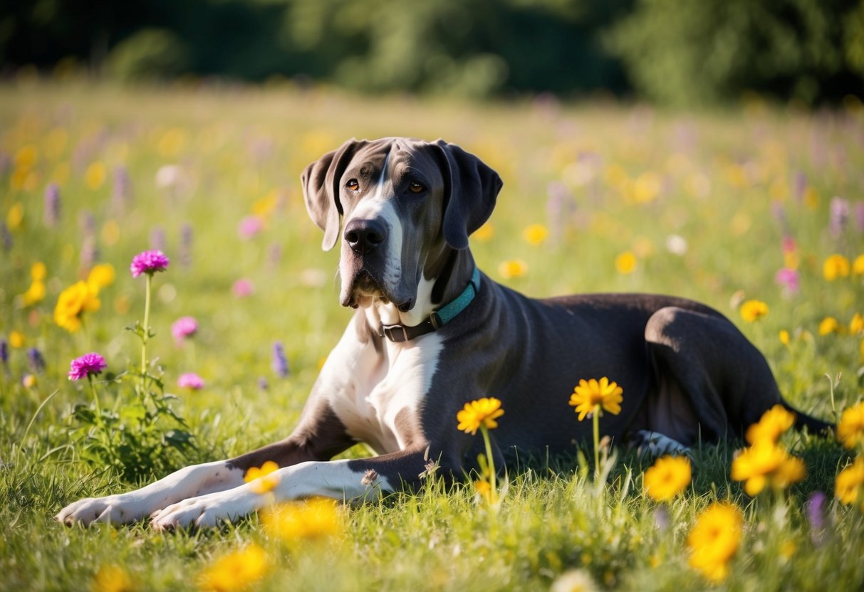 Un Grand Danois au cœur tendre se prélasse dans une prairie ensoleillée, entouré de fleurs sauvages colorées et d'une atmosphère sereine et paisible.