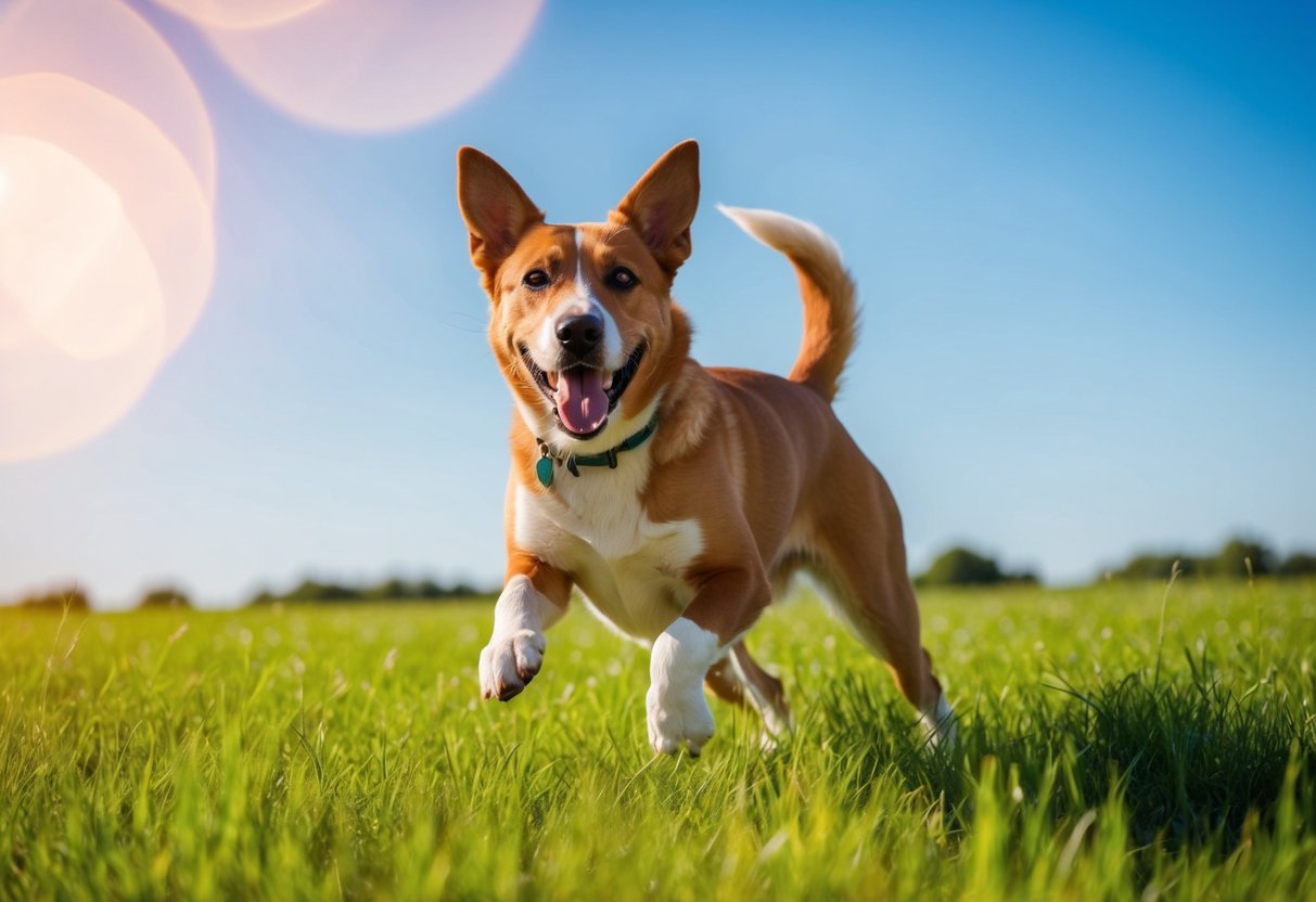 Un chien heureux jouant dans un champ vert sous un ciel bleu clair