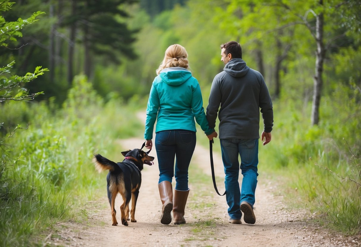 Un chien et son propriétaire marchant côte à côte sur un sentier naturel, entourés d'arbres et de verdure