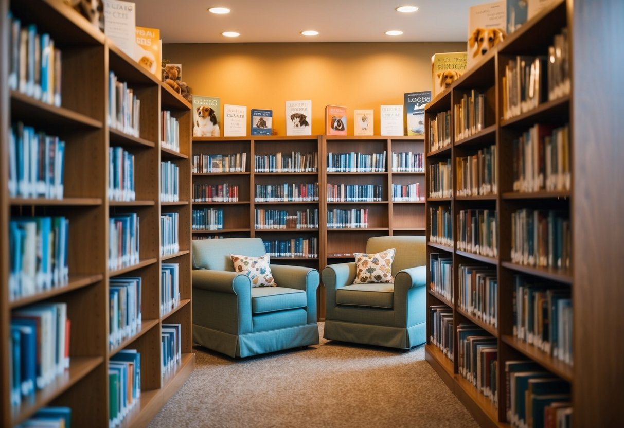 Une bibliothèque confortable remplie de livres et de ressources sur les soins aux chiens, avec des sièges confortables et un éclairage chaleureux.