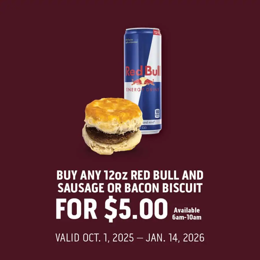 Buy Any 12oz Red Bull and Sausage or Bacon Biscuit