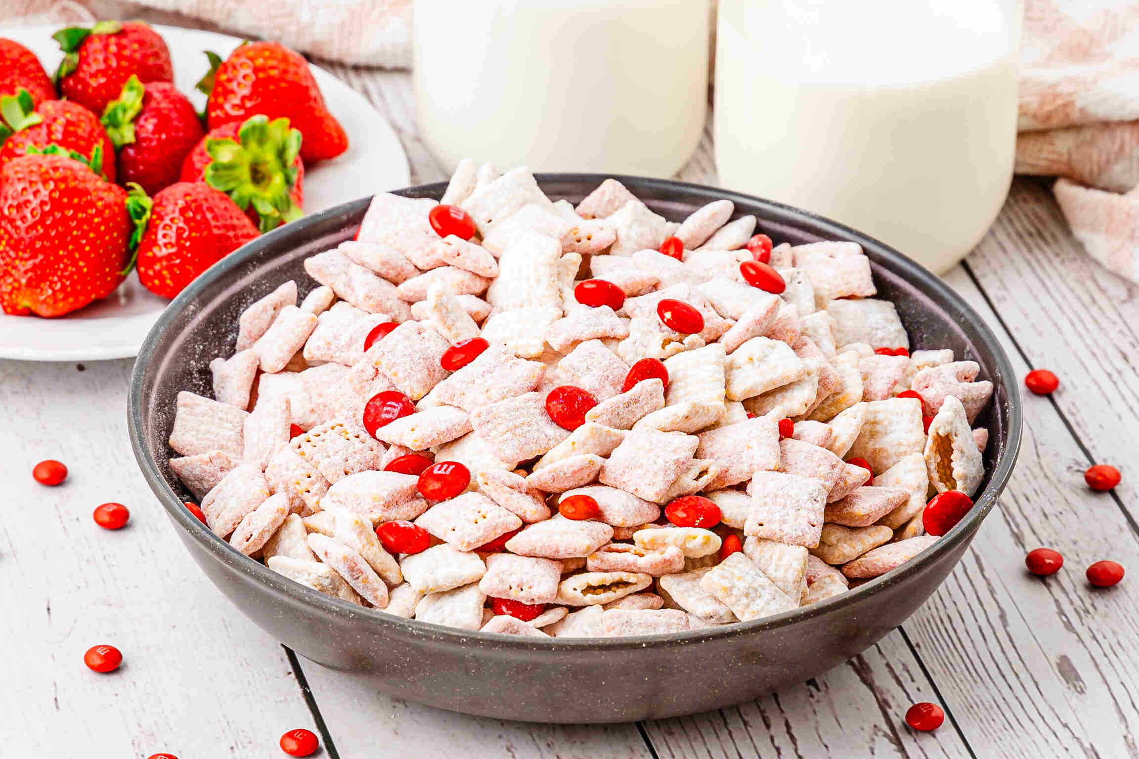 Strawberry puppy chow with red m&ms