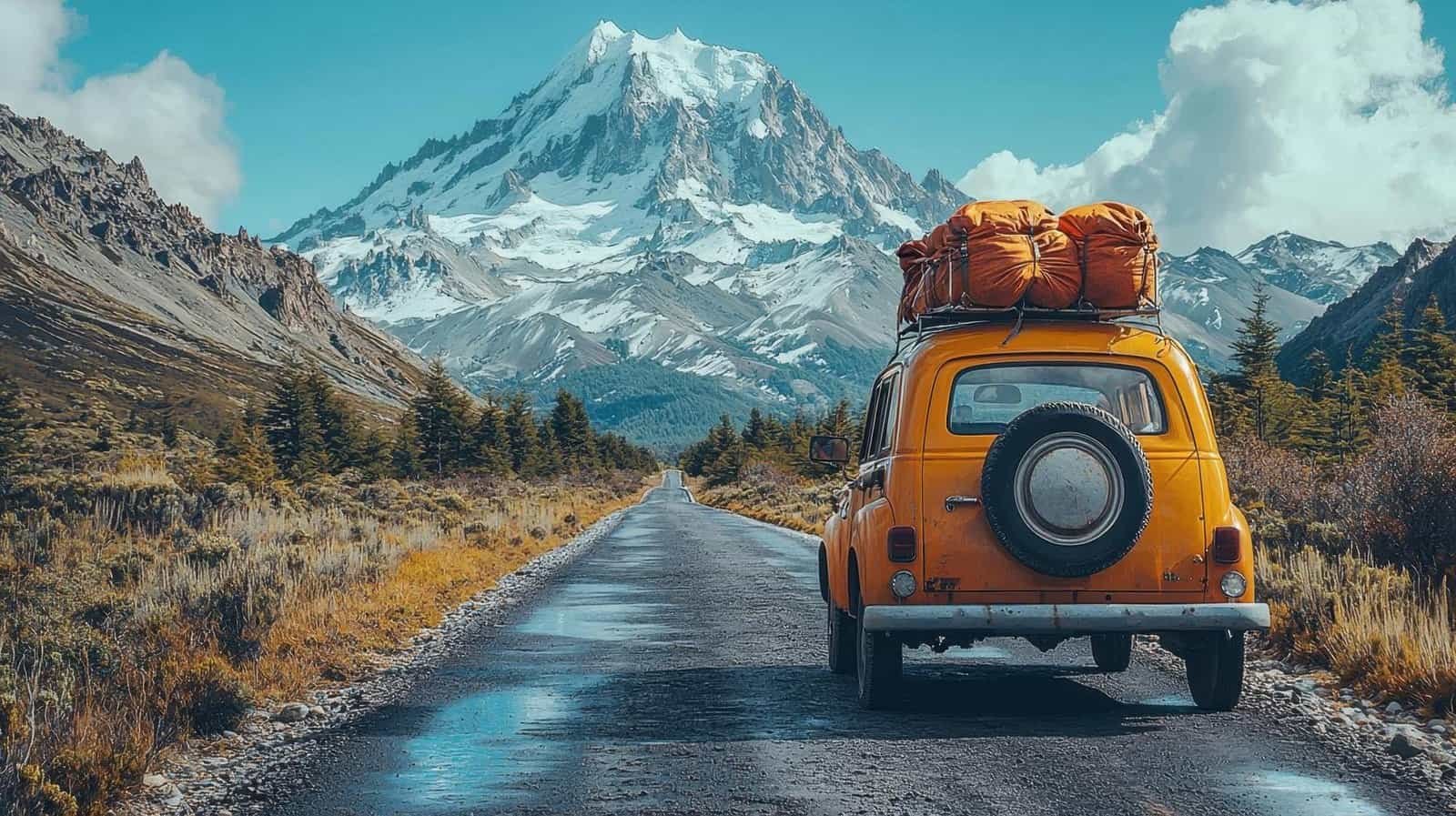 car on road, with mountain in front