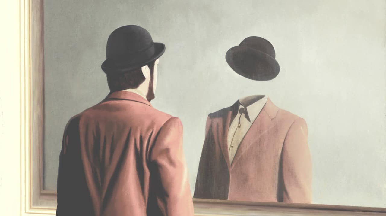 Men in brown suits wearing black bowler hats looking at a missing face mirror image painting.